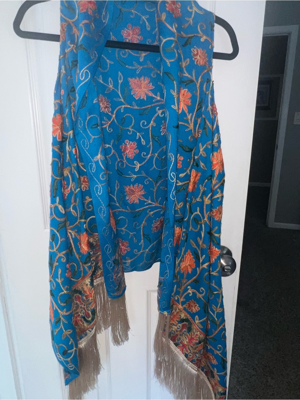 Embroidered Teal Floral Shawl with Fringe - Unbranded from boutique in Spain.